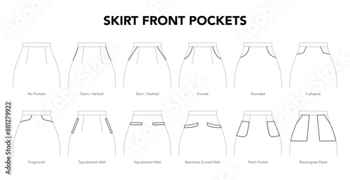 Set of Skirt Front Pockets styles - Seam Vertical, Slant Slashed, Curved, Frogmouth, Welt Barchetta and Patch technical fashion illustration. Flat apparel template. Women, men CAD mockup isolated