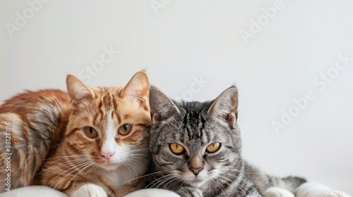 Two Domestic Cats Relaxing on a White Bed