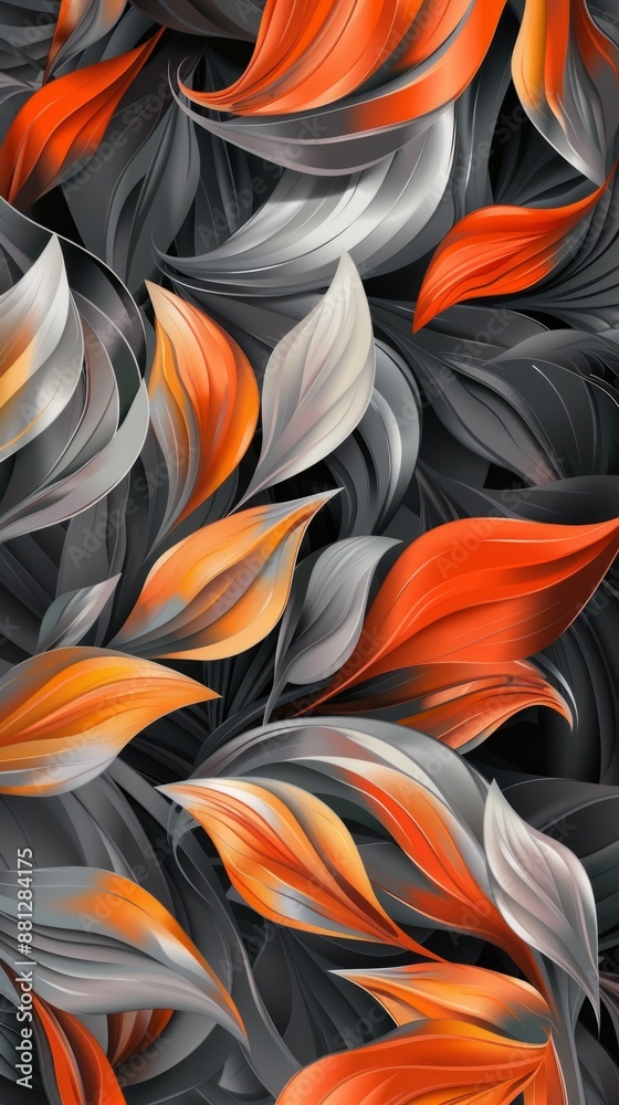 Orange, grey, and white floral shapes create a swirling, abstract pattern Orange, grey, and white floral shapes create a swirling, abstract pattern