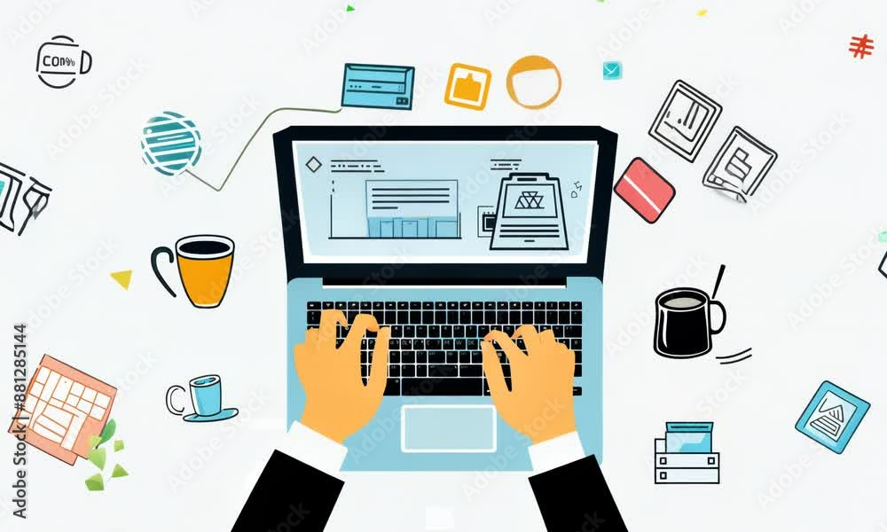 Dynamic work environment: hands typing on laptop with digital and office icons