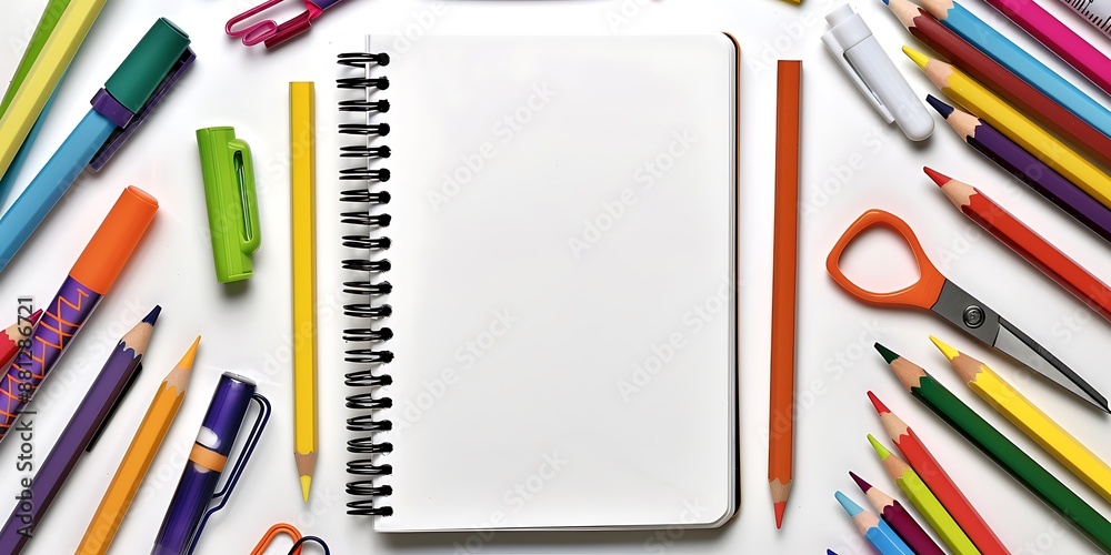 Blank notebook on white background surrounded by school supplies colored pencils, markers, scissors. Top view, flat lay. Blank notebook on white background surrounded by school supplies colored pencils, markers, scissors. Top view, flat lay.