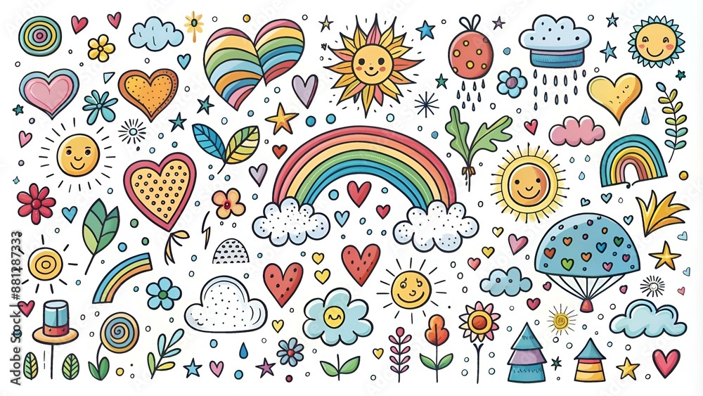 cute hand drawn doodle vector set, love, Natural , firework, cloud ...