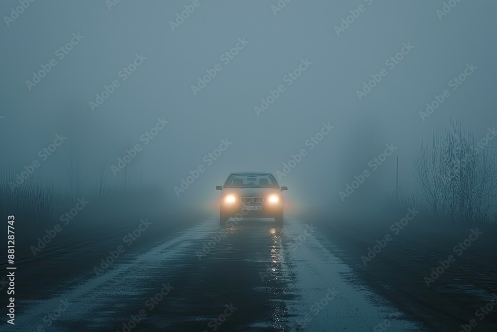 A car is driving down a foggy road. The car is lit up by its headlights. The fog is so thick that it is difficult to see the road ahead A car is driving down a foggy road. The car is lit up by its headlights. The fog is so thick that it is difficult to see the road ahead