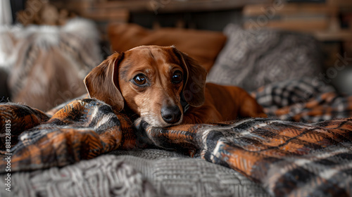 Adorable Dachshund Relaxing on Plaid Blanket in Cozy, Rustic Living Room Setting, Emanating Warmth and Comfort © Saran