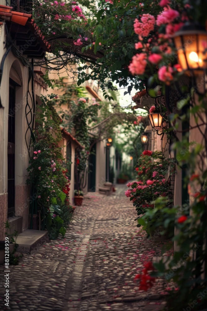 Tranquil cobblestone streets adorned with beautiful flowers quaint elegance and charm Tranquil cobblestone streets adorned with beautiful flowers quaint elegance and charm
