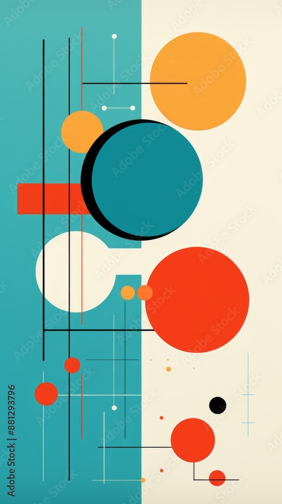 Abstract geometric pattern with circular shapes, lines, and dots on a teal and beige background Abstract geometric pattern with circular shapes, lines, and dots on a teal and beige background
