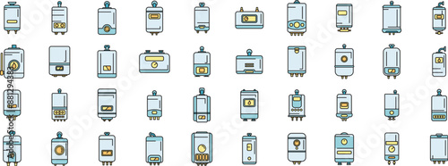 Gas boiler icons set outline vector. Room hvac. Hot steam thin line color flat on white