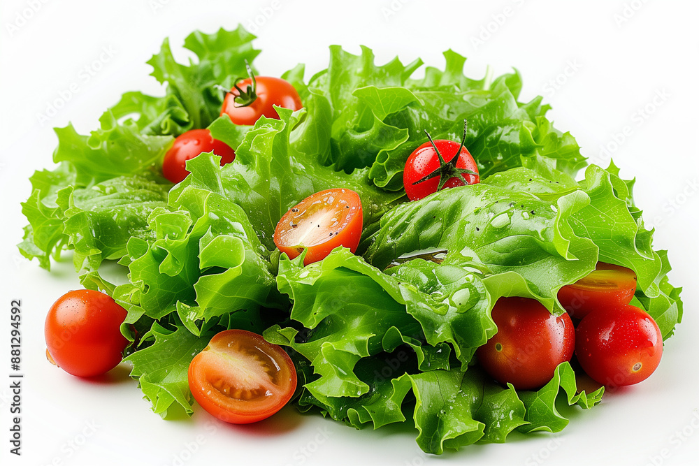 Lettuce leaves and tomatoes on white background. Lettuce leaves and tomatoes on white background.