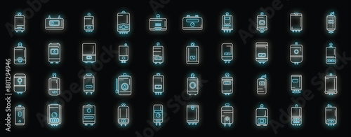 Gas boiler icons set outline vector. Room hvac. Hot steam neon color on black