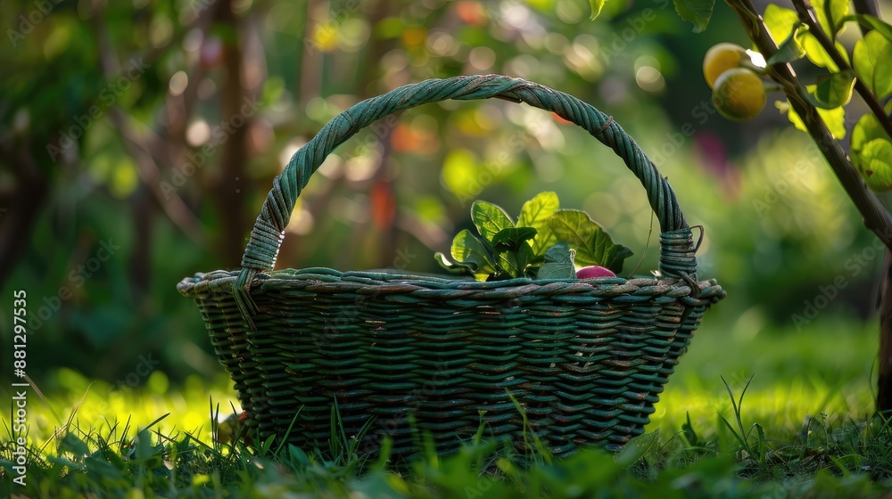 A green basket of moderate size A green basket of moderate size