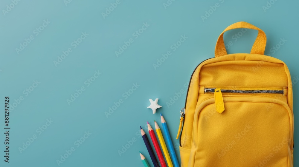 A yellow backpack with a star and a pack of colored pencils A yellow backpack with a star and a pack of colored pencils