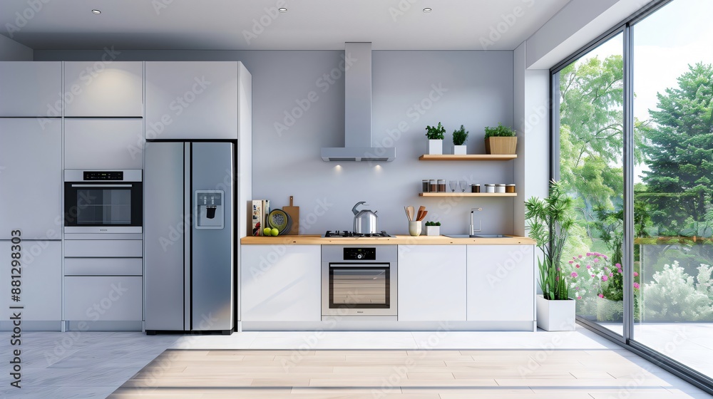 Fototapeta premium Modern white kitchen opening onto garden with sunlight