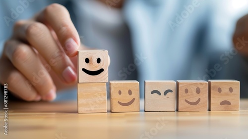 A collection of wooden blocks on a table showing faces with various emotions, from happiness to sadness, encapsulating the diverse range of human emotional expressions.