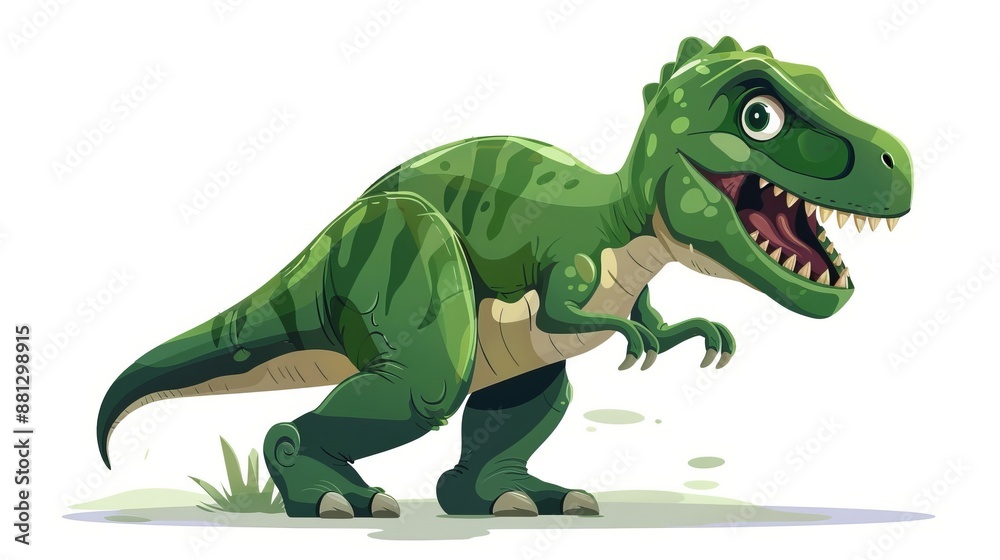 Fototapeta premium Dramatic illustration of a roaring T-Rex dinosaur in a lush green setting, showcasing its powerful build and fierce facial expression. Ideal for nature and prehistoric themed visuals.