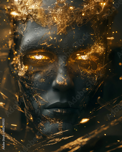 Evil king with tech implants, digital art, expressive eyes, skull-inspired, futuristic background, black and gold shades, dynamic light and shadow, angled composition, rule of thirds.
