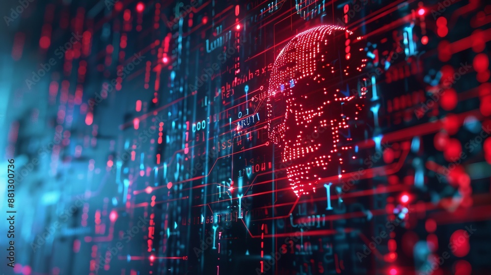 A red-themed representation of a skull made up of digital codes and abstract grids, symbolizing the fusion of life and digital technology in a grid-based landscape.