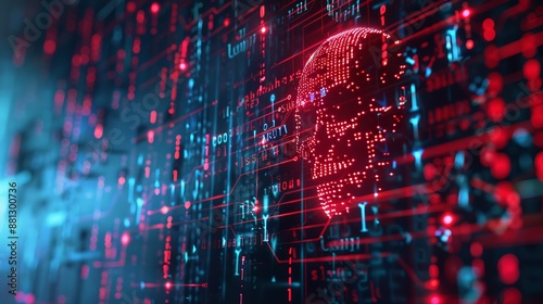 A red-themed representation of a skull made up of digital codes and abstract grids, symbolizing the fusion of life and digital technology in a grid-based landscape. photo