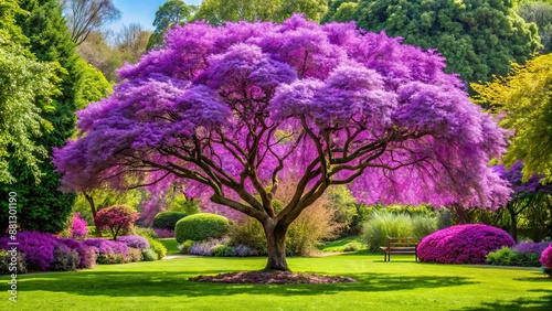 Vibrant purple tree standing out in a lush garden setting, purple, tree, garden, nature, vibrant, unique, colorful