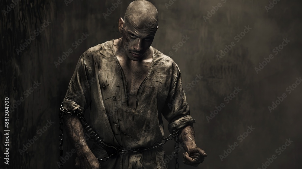 A chained man wearing ragged clothes, standing in a dark room with a solemn and intense expression, highlighting themes of struggle and confinement in a distressed setting. A chained man wearing ragged clothes, standing in a dark room with a solemn and intense expression, highlighting themes of struggle and confinement in a distressed setting.