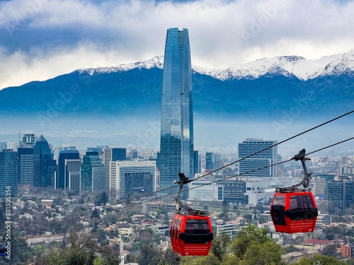 Santiago, Chile. Metropolitan Park cable car and the city of Santiado in the background