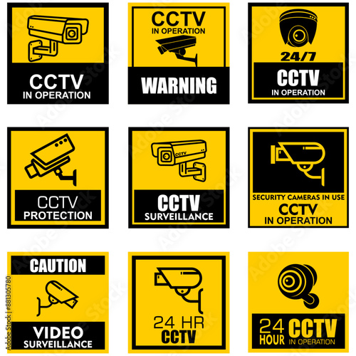 Warning and caution, sign and sticker,  CCTV vector