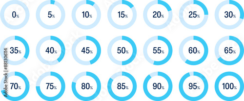 Set of blue vector ring pie charts with percentage values