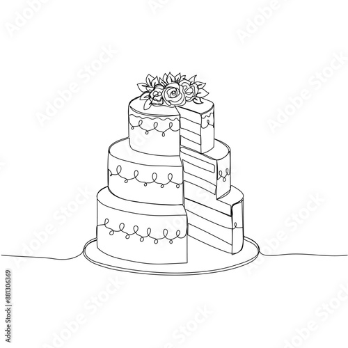 Continuous one line drawing of cut wedding cake. Concept for cafe, bakery, restaurant. Simple  vector illustration