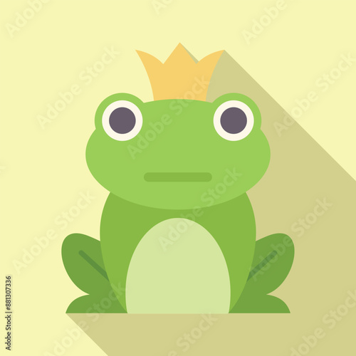 Green frog wearing a golden crown is sitting and looking forward