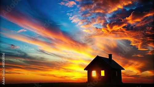 House silhouette against a colorful sunset sky , sunset, house, evening, orange sky, dusk, silhouette, home