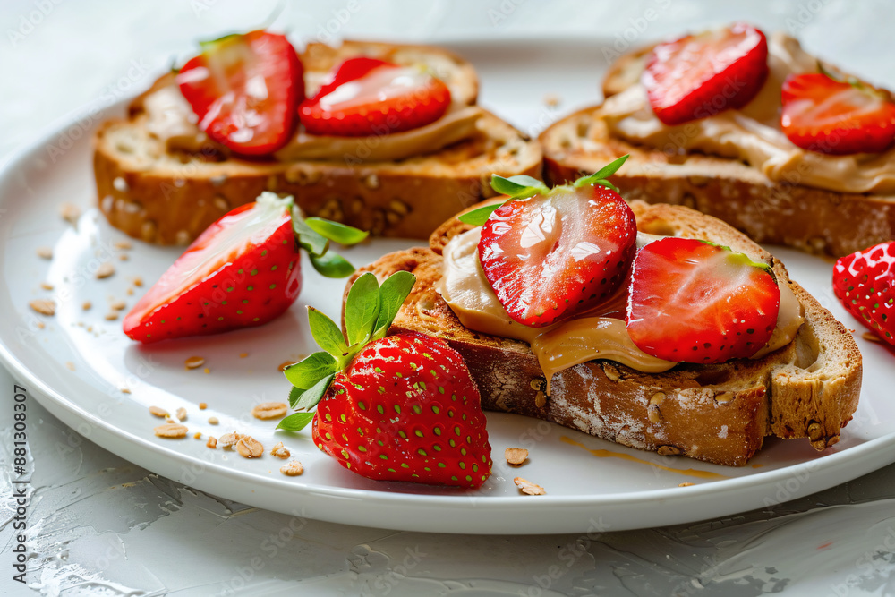 a plate with toast and strawberries on it a plate with toast and strawberries on it