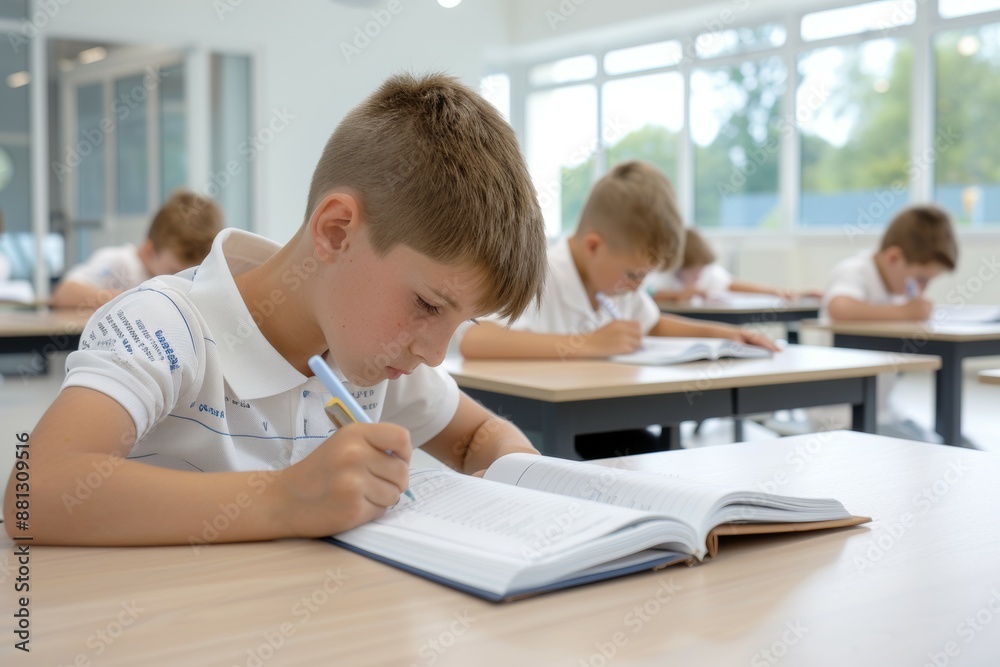 A boy is writing in a book with a blue pen A boy is writing in a book with a blue pen