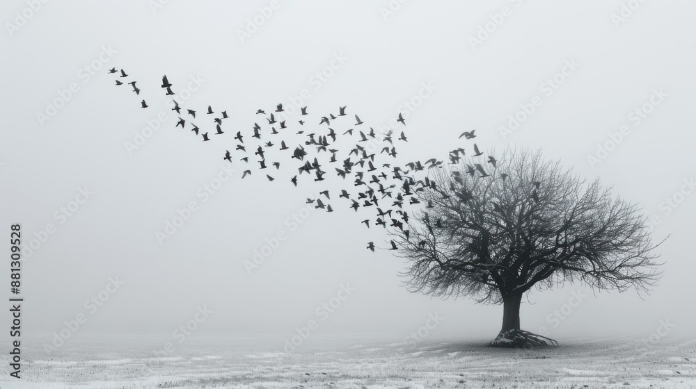 Fototapeta premium A tree with a flock of birds flying around it. The birds are scattered all over the tree and the sky. Concept of freedom and movement, as the birds seem to be flying in all directions
