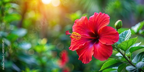 Fototapeta Naklejka Na Ścianę i Meble -  Vibrant red hibiscus flower blooming in a garden, tropical, botanical, nature, blossom, vibrant, red, petals, plant, garden