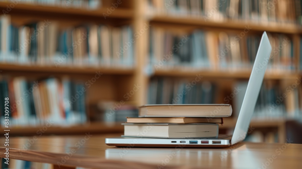 A laptop sits on a table with several books stacked on top of it A laptop sits on a table with several books stacked on top of it