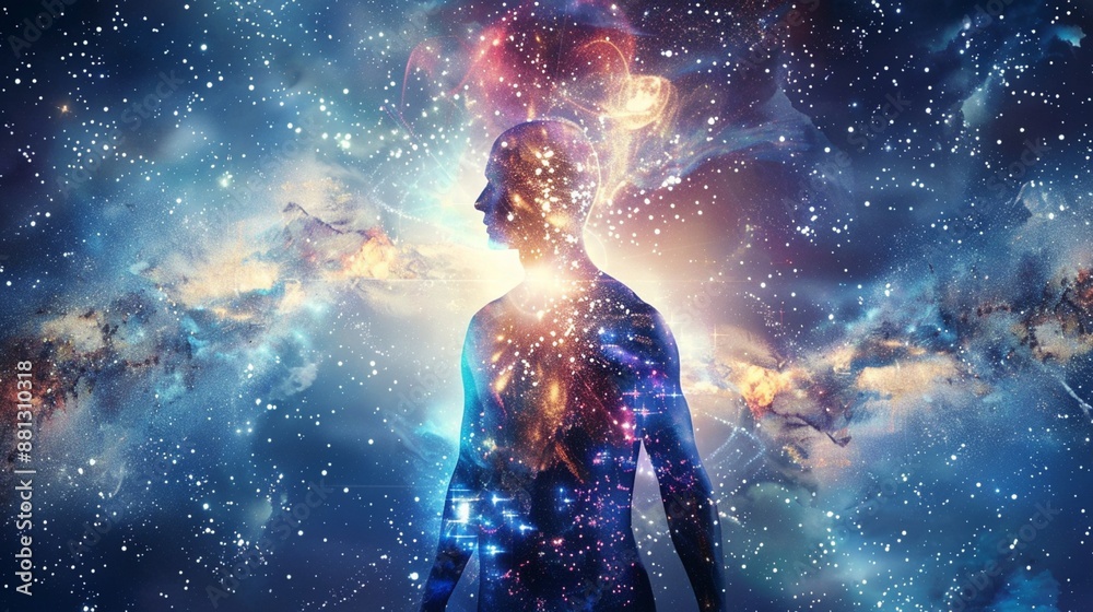 Fototapeta premium 宇宙の中の心:内なる宇宙と繋がる意識エネルギーとコピースペース