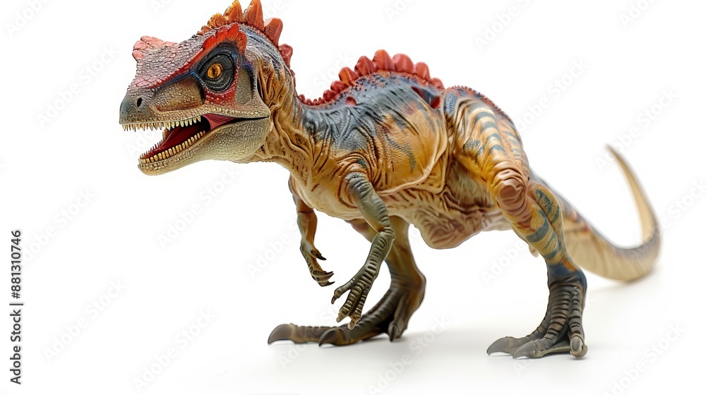 Fototapeta premium A colorful dinosaur figurine rendered in a realistic 3D style is showcased in this image, highlighting its intricate details and lifelike pose for an engaging visual impact.