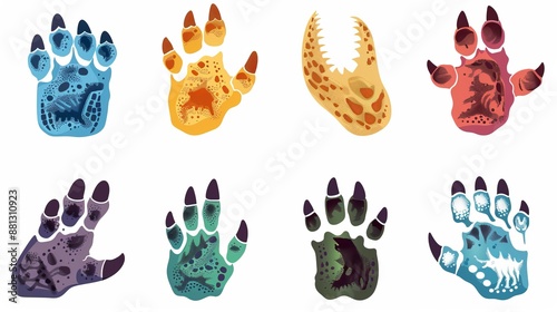 Fototapeta Naklejka Na Ścianę i Meble -  Vibrant dinosaur footprints illustrated in various colors and unique styles, offering a visually engaging representation perfect for children’s materials and decor.