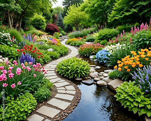 A peaceful garden with colorful flowers, a winding path, and a gentle stream running through it