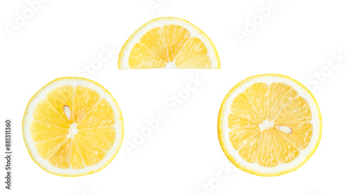 Top view set of yellow lemon halves with slice or quarter isolated on white background with clipping path