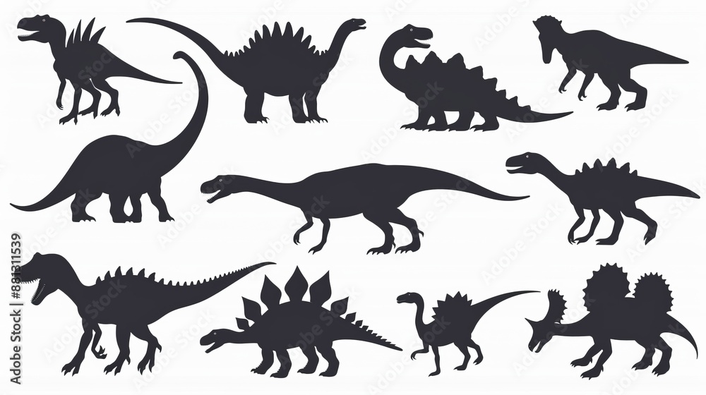 This image showcases silhouettes of ten different dinosaur species in black, each with unique physical features and postures displayed clearly. Perfect for educational material.