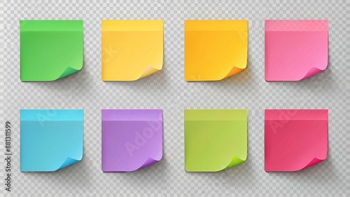 Multicolor post it notes isolated on transparent background. Colored sticky note set. Vector realistic illustration. Sticky note collection with curled corners and shadows.