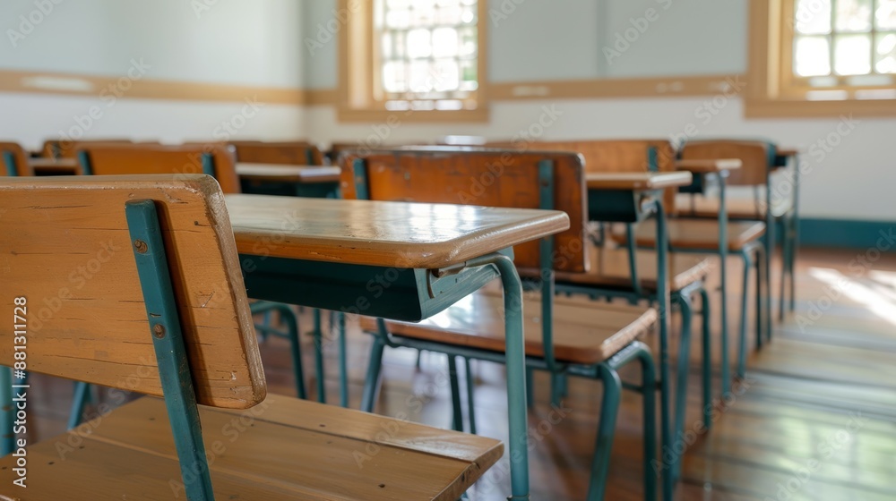 A classroom with many wooden desks and chairs A classroom with many wooden desks and chairs