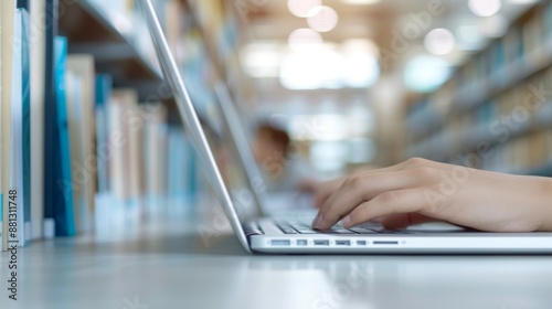 A person is typing on a laptop in a library