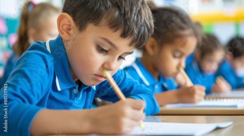 A boy is writing in a blue shirt with a pencil