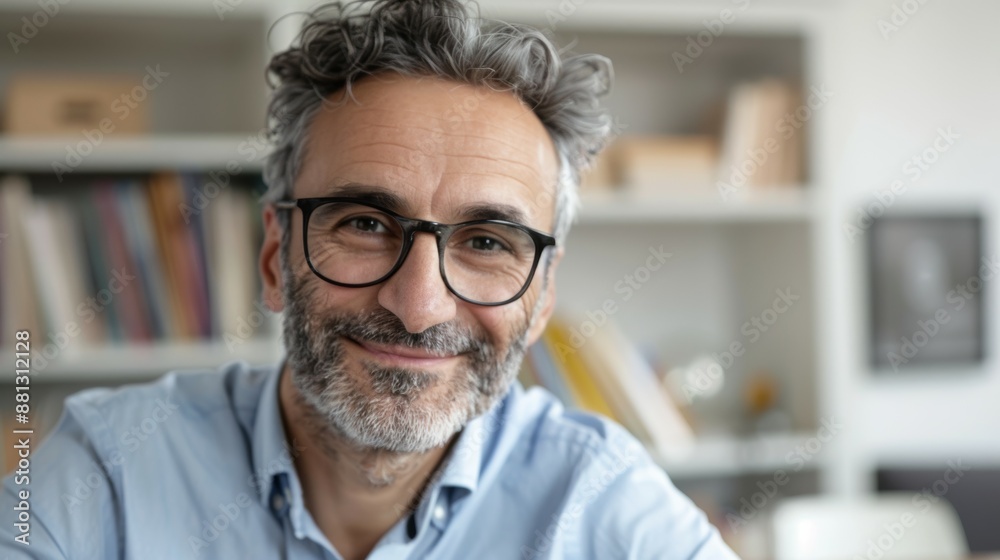 A man with glasses is smiling and looking at the camera A man with glasses is smiling and looking at the camera