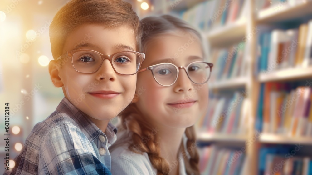 Two children wearing glasses are standing in front of a library Two children wearing glasses are standing in front of a library
