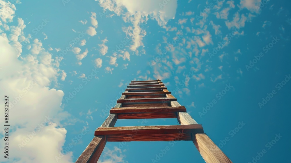 A wooden ladder reaches up towards the clouds A wooden ladder reaches up towards the clouds
