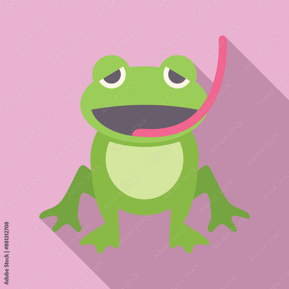 Naklejka premium Green frog licking its lips with its tongue out in flat design style on a pink background