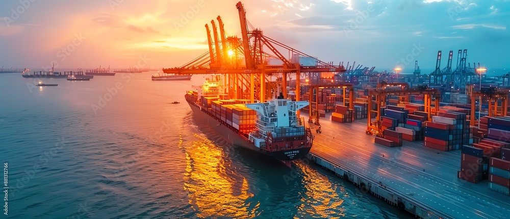 Cargo ship being loaded at a port at sunset Cargo ship being loaded at a port at sunset