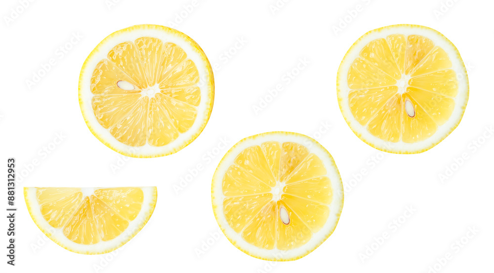 Top view set of yellow lemon halves with slice or quarter isolated with clipping path in png file format Top view set of yellow lemon halves with slice or quarter isolated with clipping path in png file format